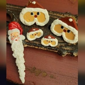 Vtg 80s wood heart puff paint button earrings Santa Christmas jewelry set